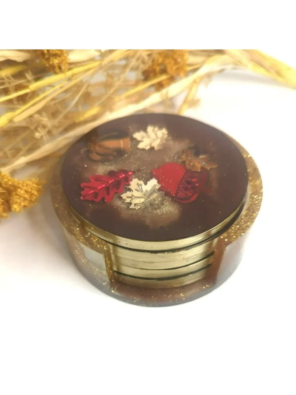 Handmade Resin Round Coaster Set With Holder Fall Autumn Themed Leaves Pumpkin